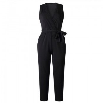 Fashion Lace Women Jumpsuit With Belt Sleeveless 2019 Summer New Casual V-neck Solid Women Black Jumpsuits Fashion Female Pants